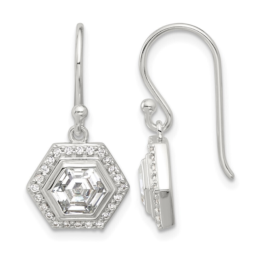 Kazi Luxury Sterling Silver E-coated Polished CZ Hexagon Dangle Earrings